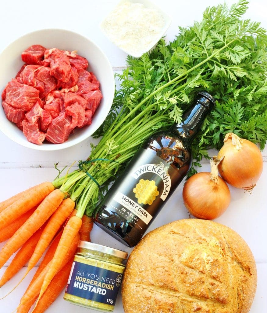 Ingredients for beery beef stew with mustard