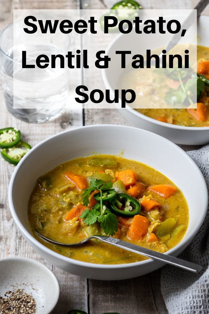 Tahini, sweet poato and lentil soup pin image