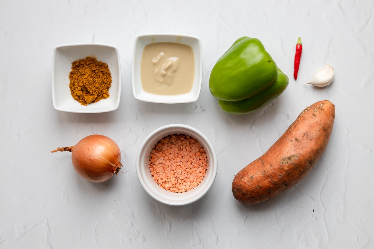 Ingredients for sweet potato, lentil and tahini soup