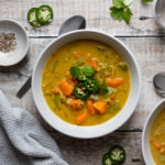 bowl of sweet potato lentil tahini soup