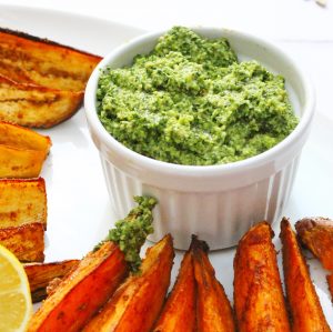 Carrot top pesto in a ramekin