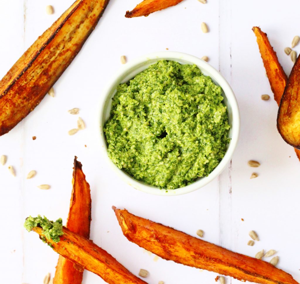 Carrot top pesto with roasted vegetable wedges