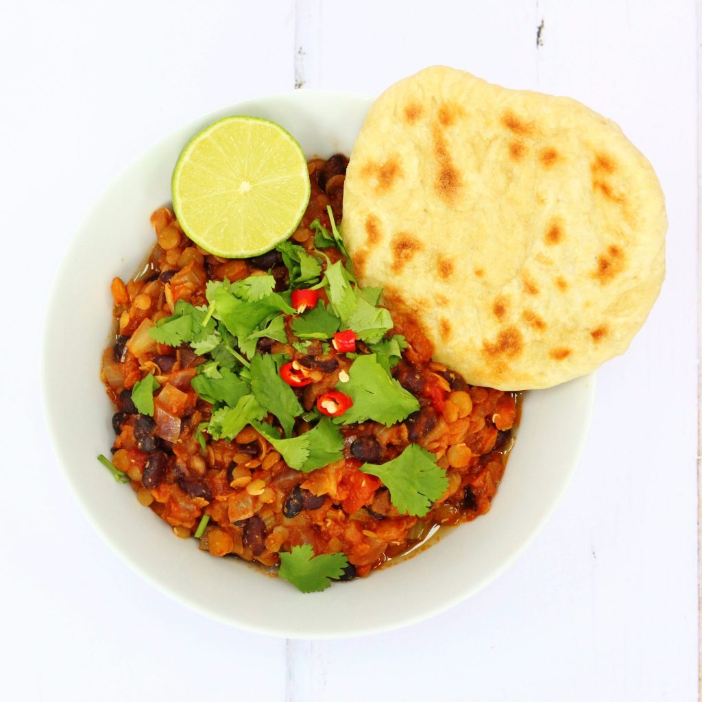 Vegan lentil chilli in a bowl.