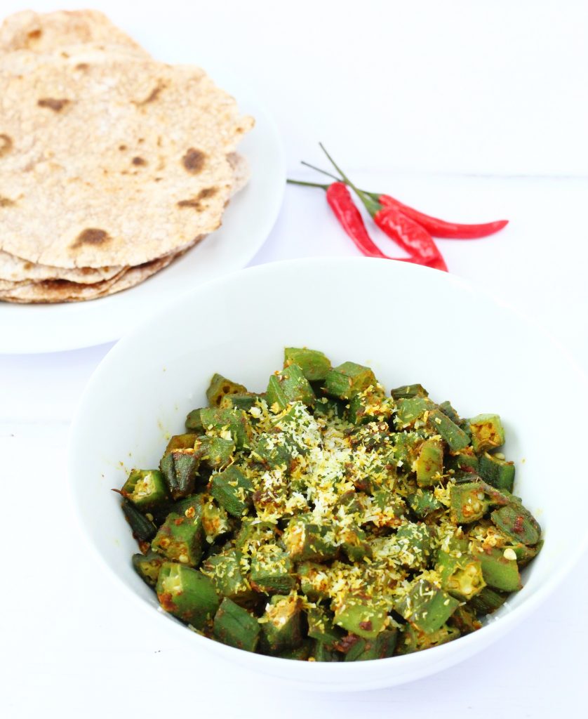 dry fried curried okra with Indian Spices