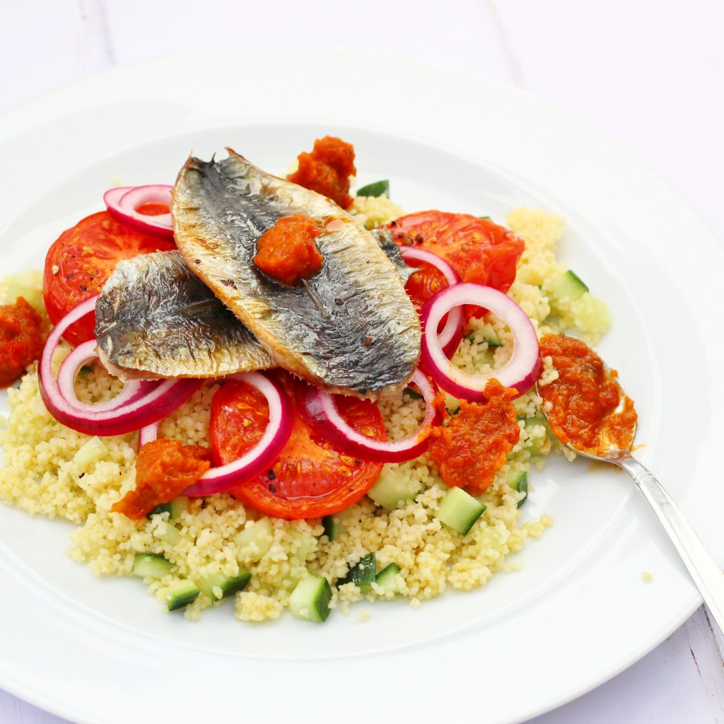 Healthy couscous sardine salad with espelette pepper chutney