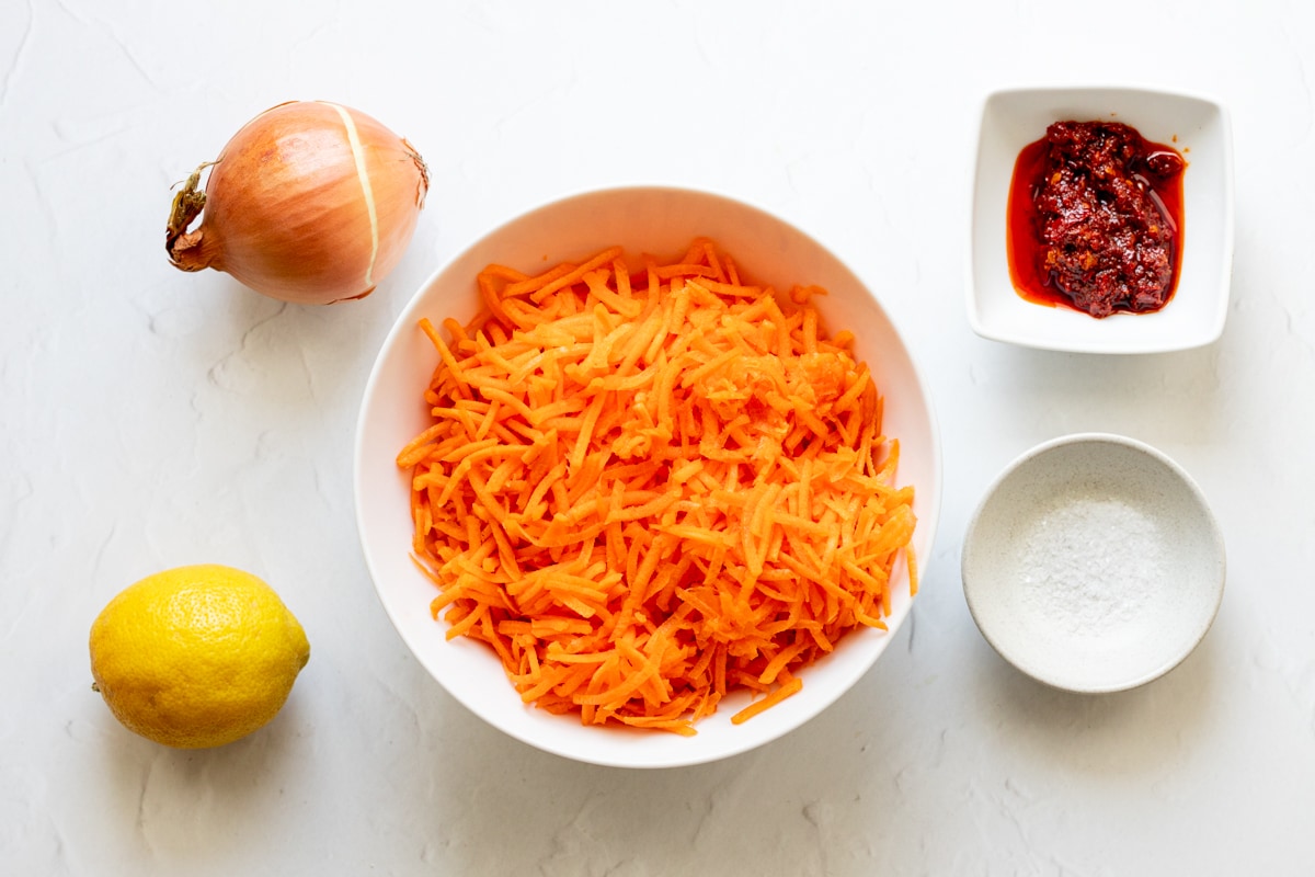 Ingredients for harissa carrot salad