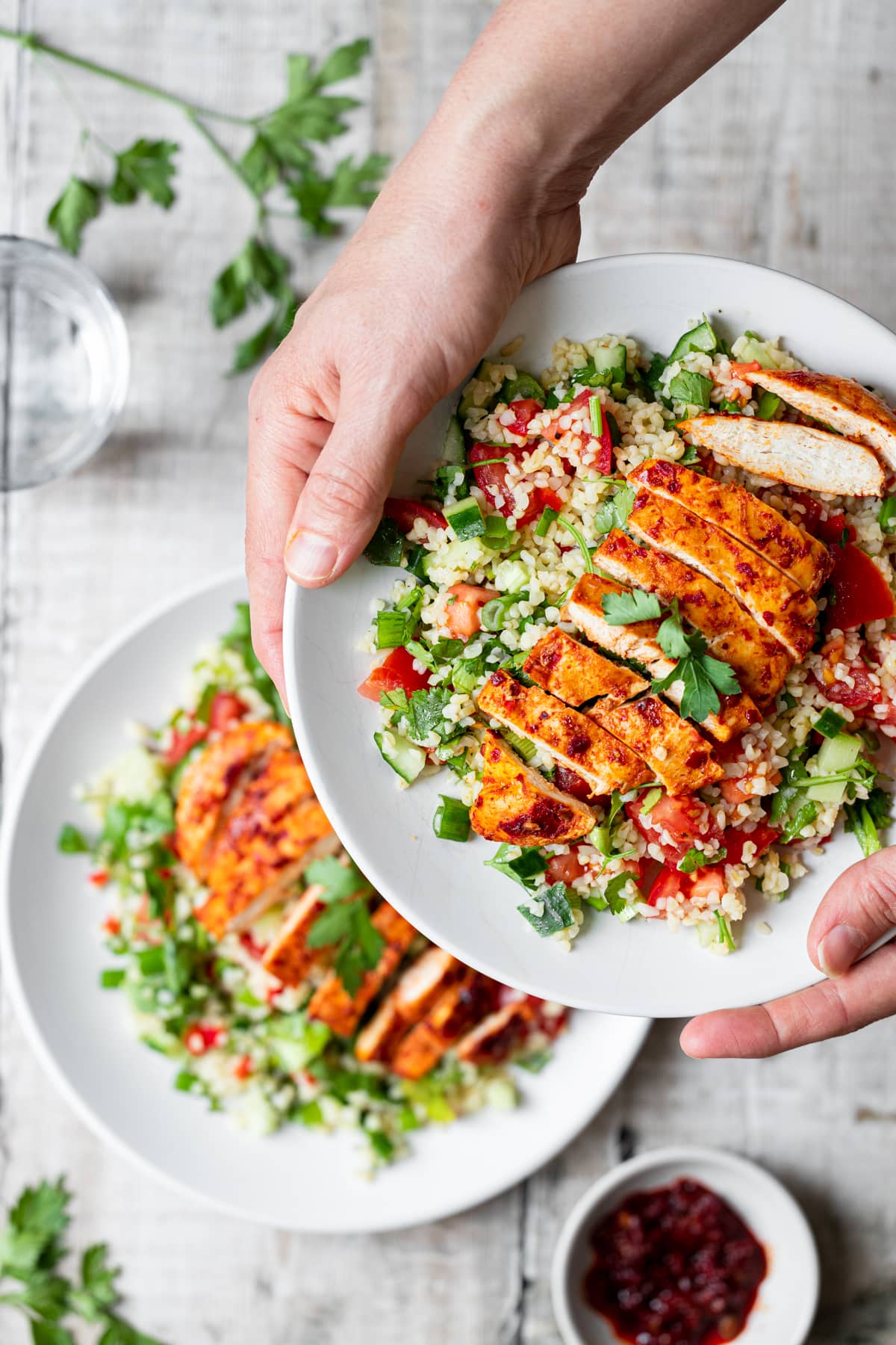 hands holding a plate of harissa chicken salad