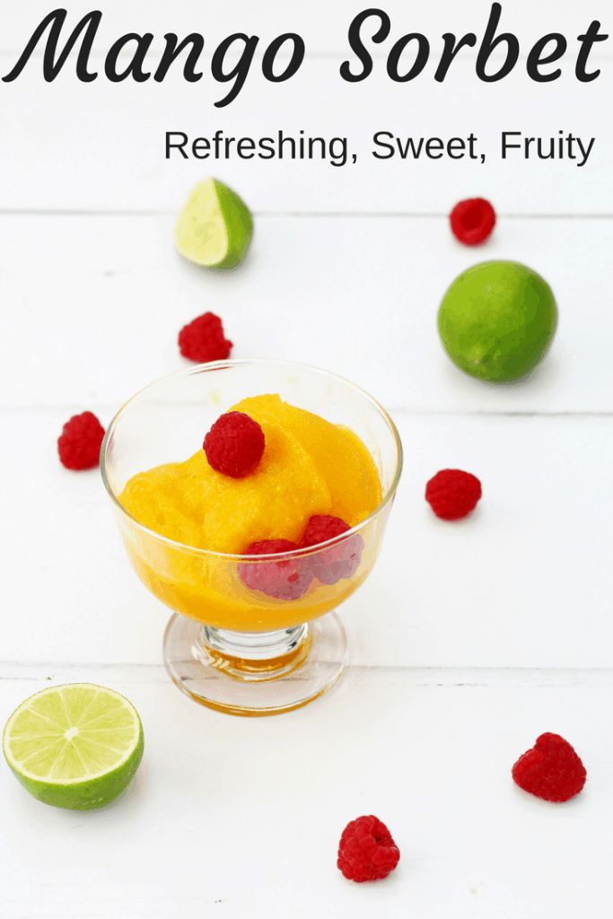 Fruity refreshing mango sorbet recipe. This fat-free dairy-free mango sorbet makes a delicious fruity dessert for kids and adults. It's easy to make in the ice cream maker and is easily scoopable too. #mango #sorbet #dessert #fruit #frozendessert #snack #fatfree #dairyfree #lime #recipe #icecreammaker
