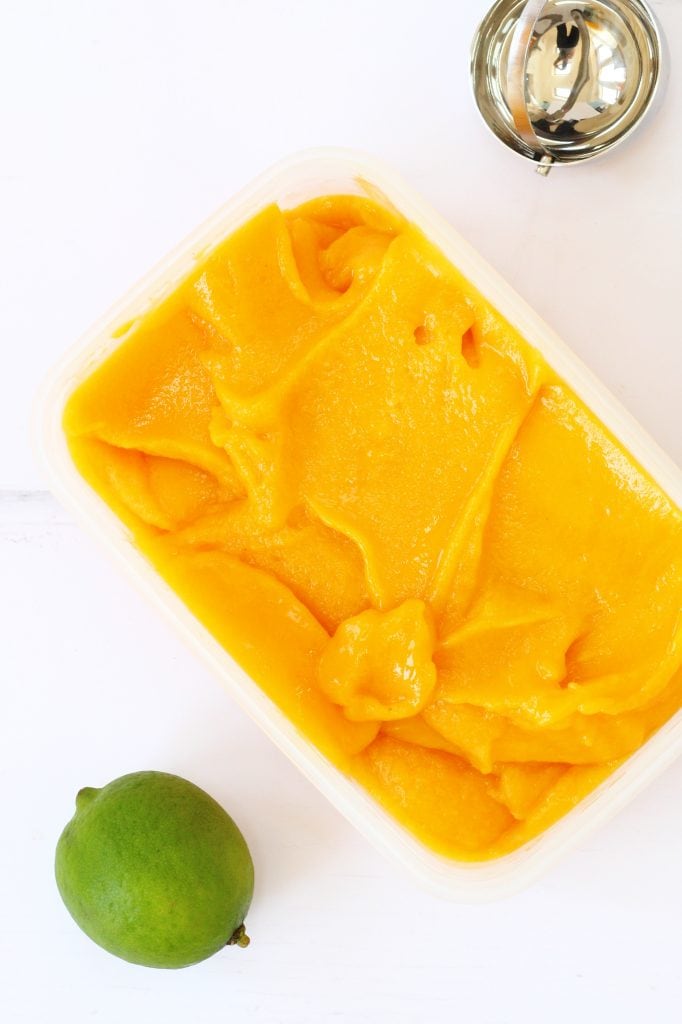 Mango sorbet with lime ready for the freezer