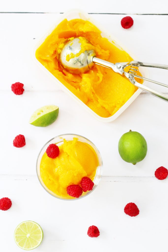 Mango Sorbet with lime and raspberries