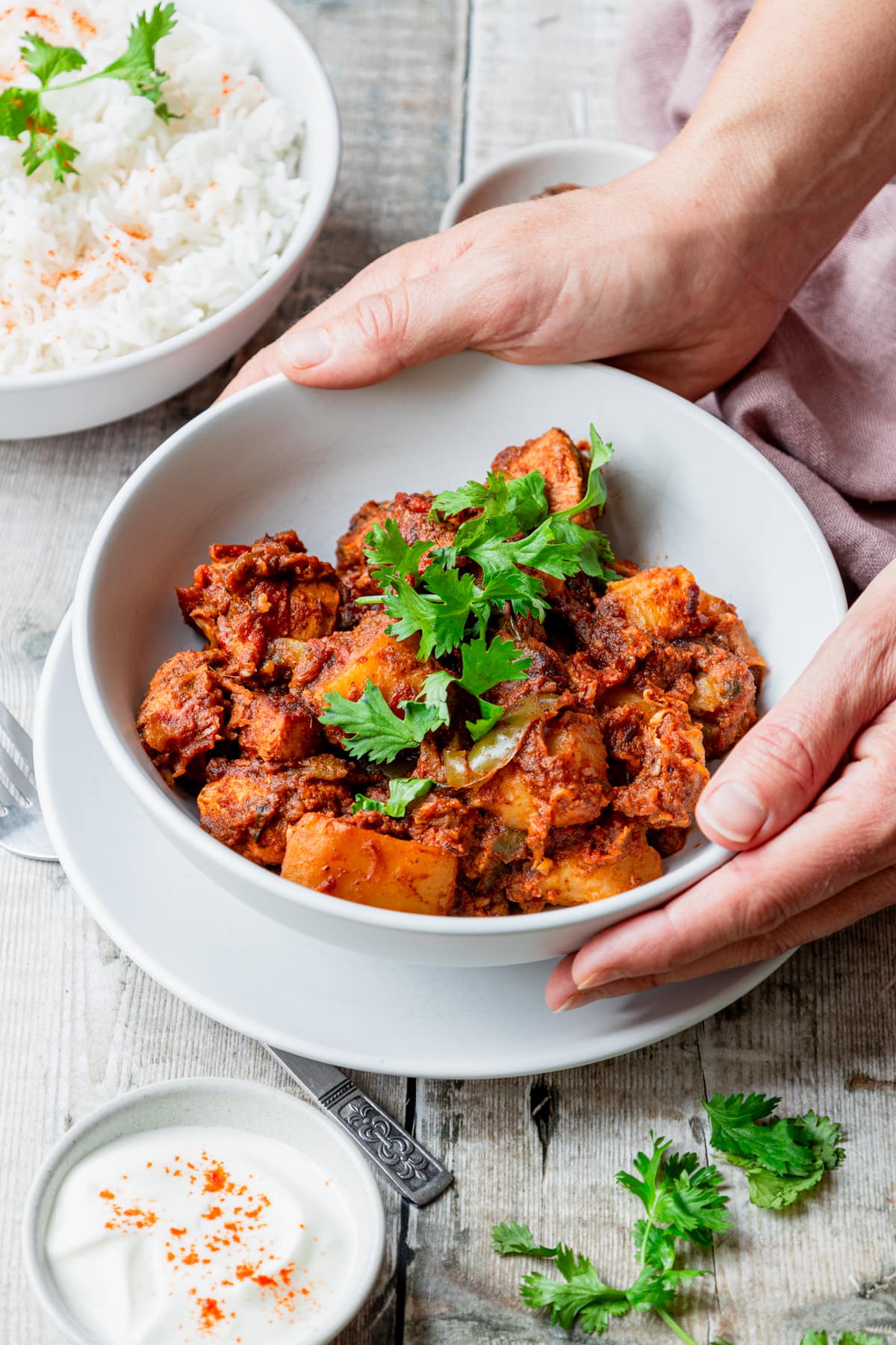 Hands holding a bowl of Mauritian chicken daube stew