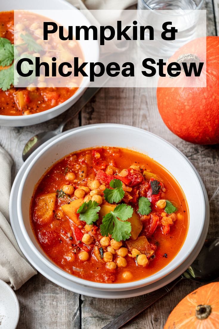 Pumpkin chickpea stew with text overlay