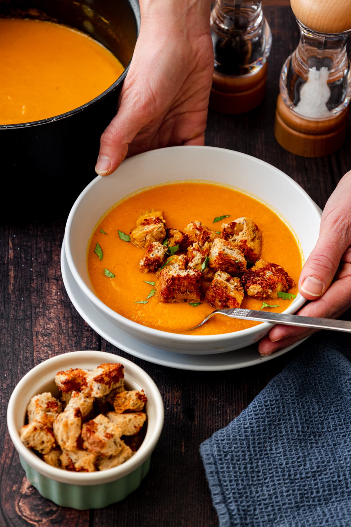 Bowl of Marmite croutons and carrot soup