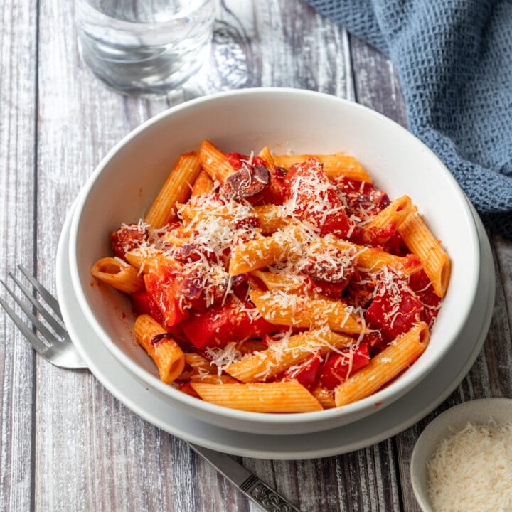 Bowl of tomato and chorizo pasta