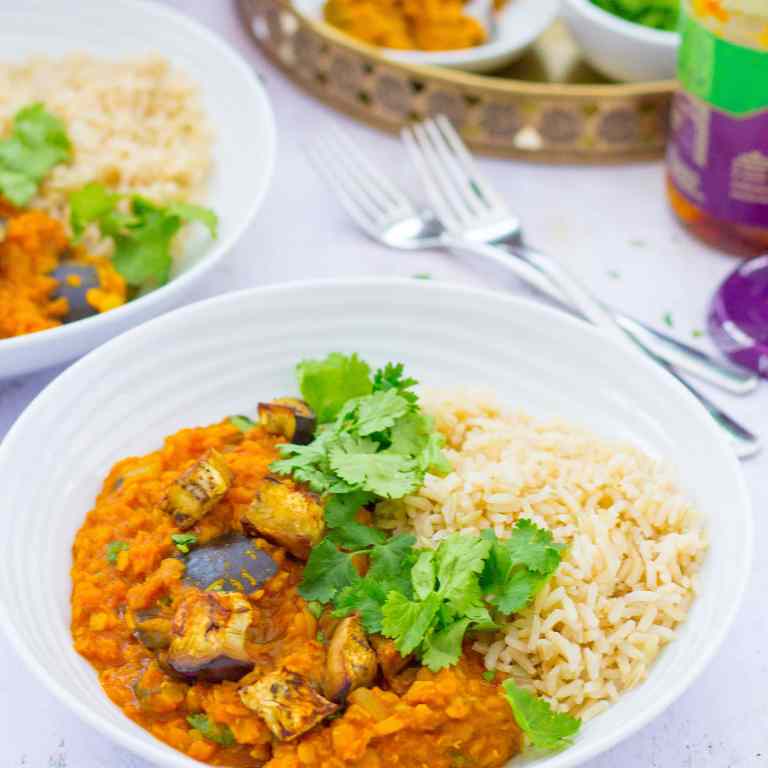 roasted aubergine and red lentil dhal