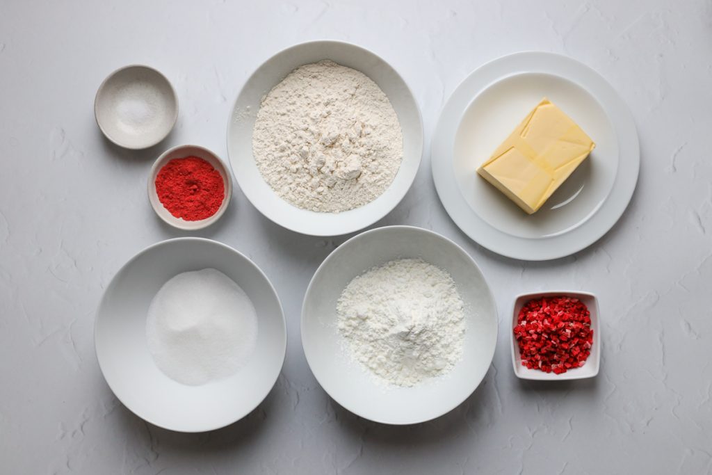 Ingredients for strawberry shortbread biscuits