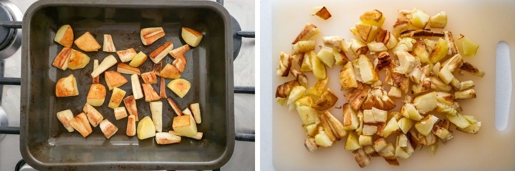 Roasted parsnips and potatoes on baking tray
