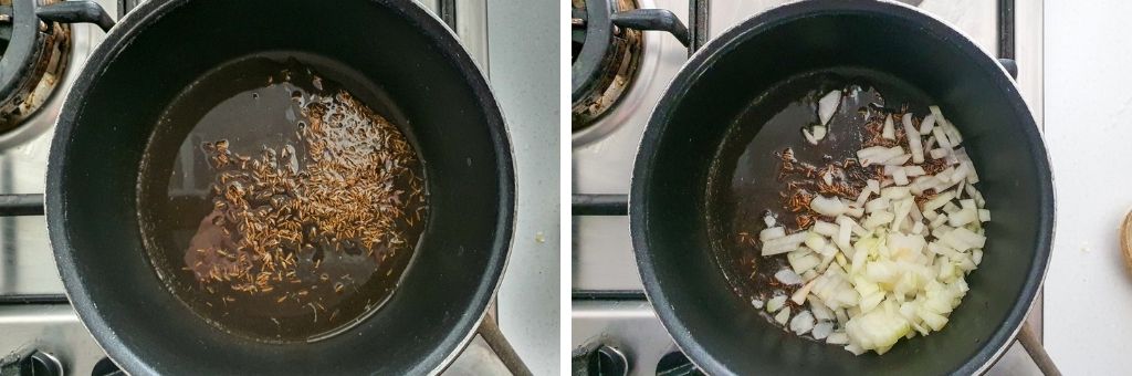 Cumin seeds and onion in a saucepan