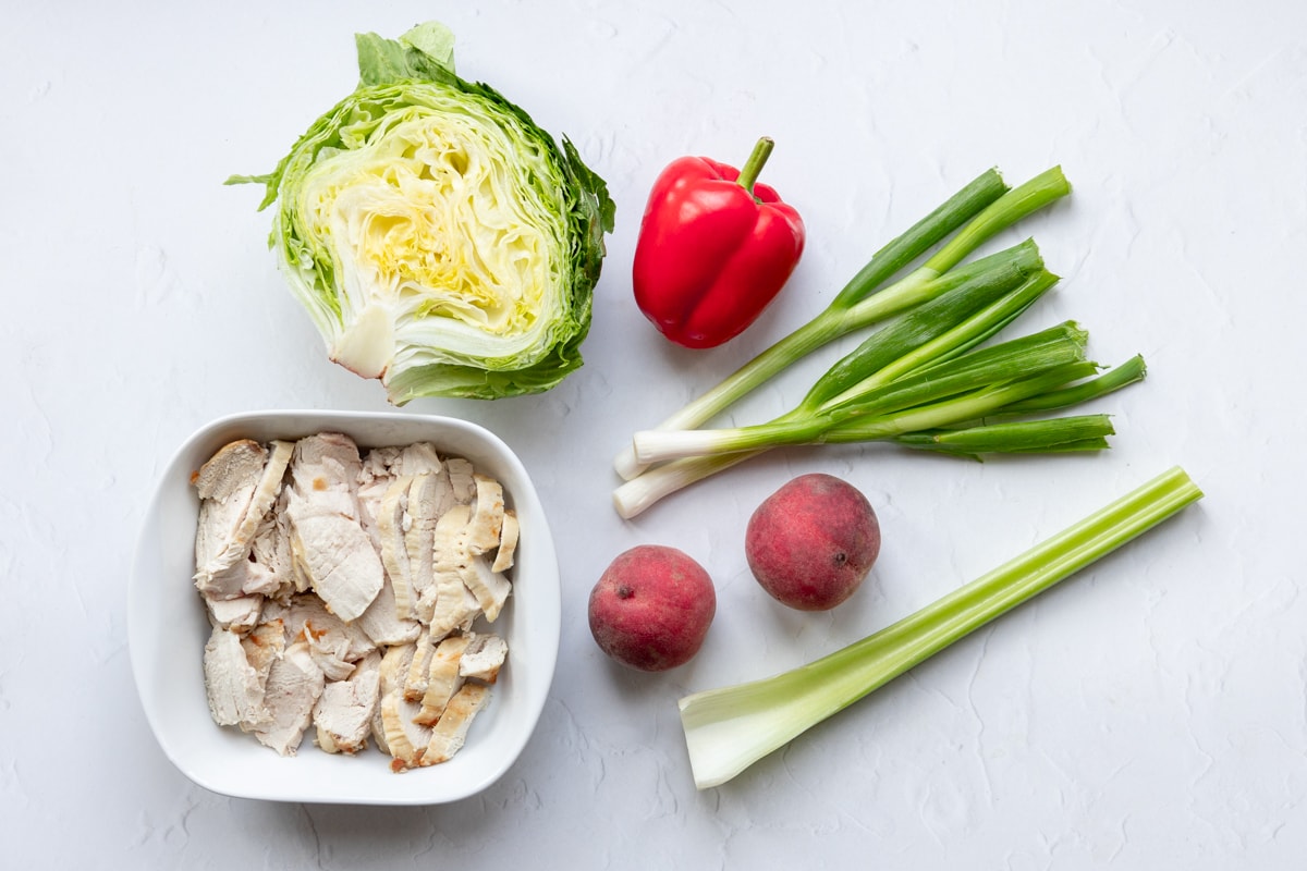 Ingredients for peach and chicken salad