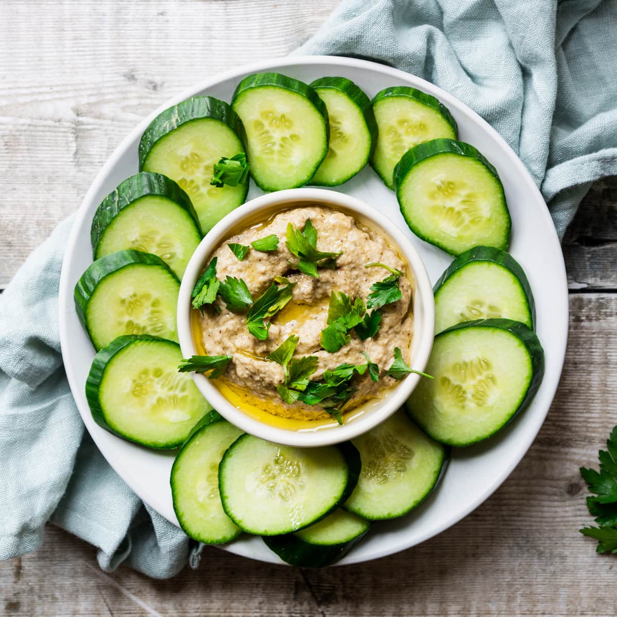 Baba ghanoush with cucumber slices