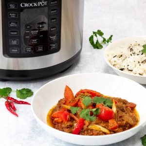 Slow cooker lamb jalfrezi with the crock pot express multi cooker in the background