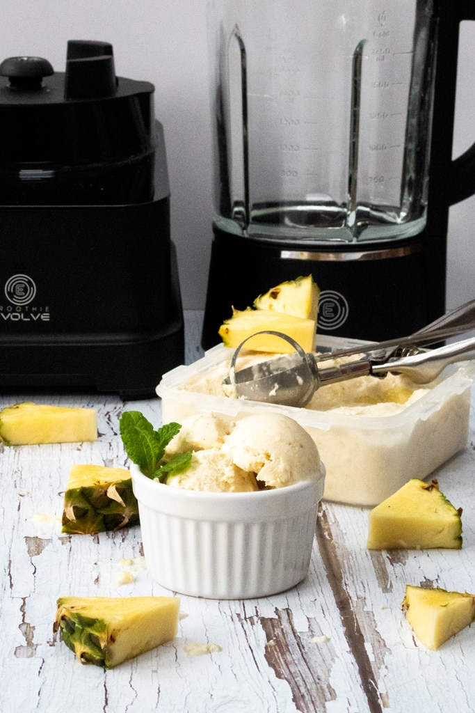 froothie Evolve power blender with pineapple coconut banana nice cream