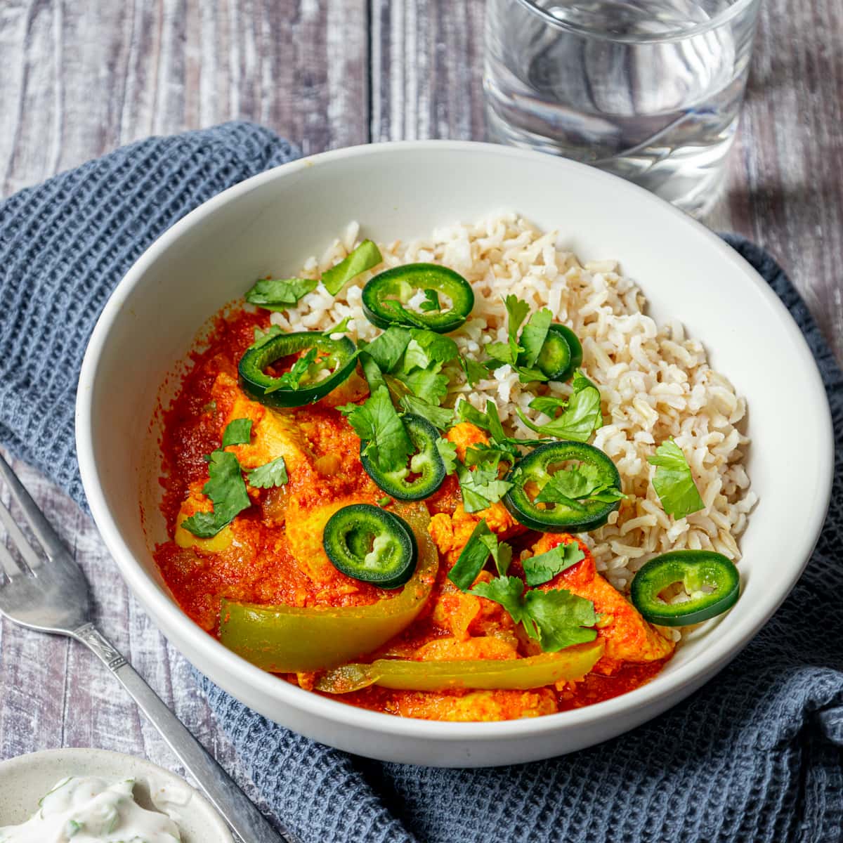 Bowl of north indian chicken curry and rice