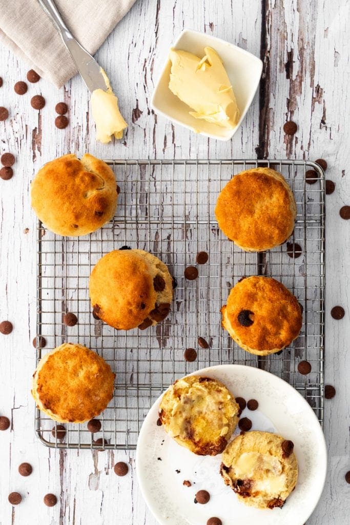 flatlay of chocolate chip scones