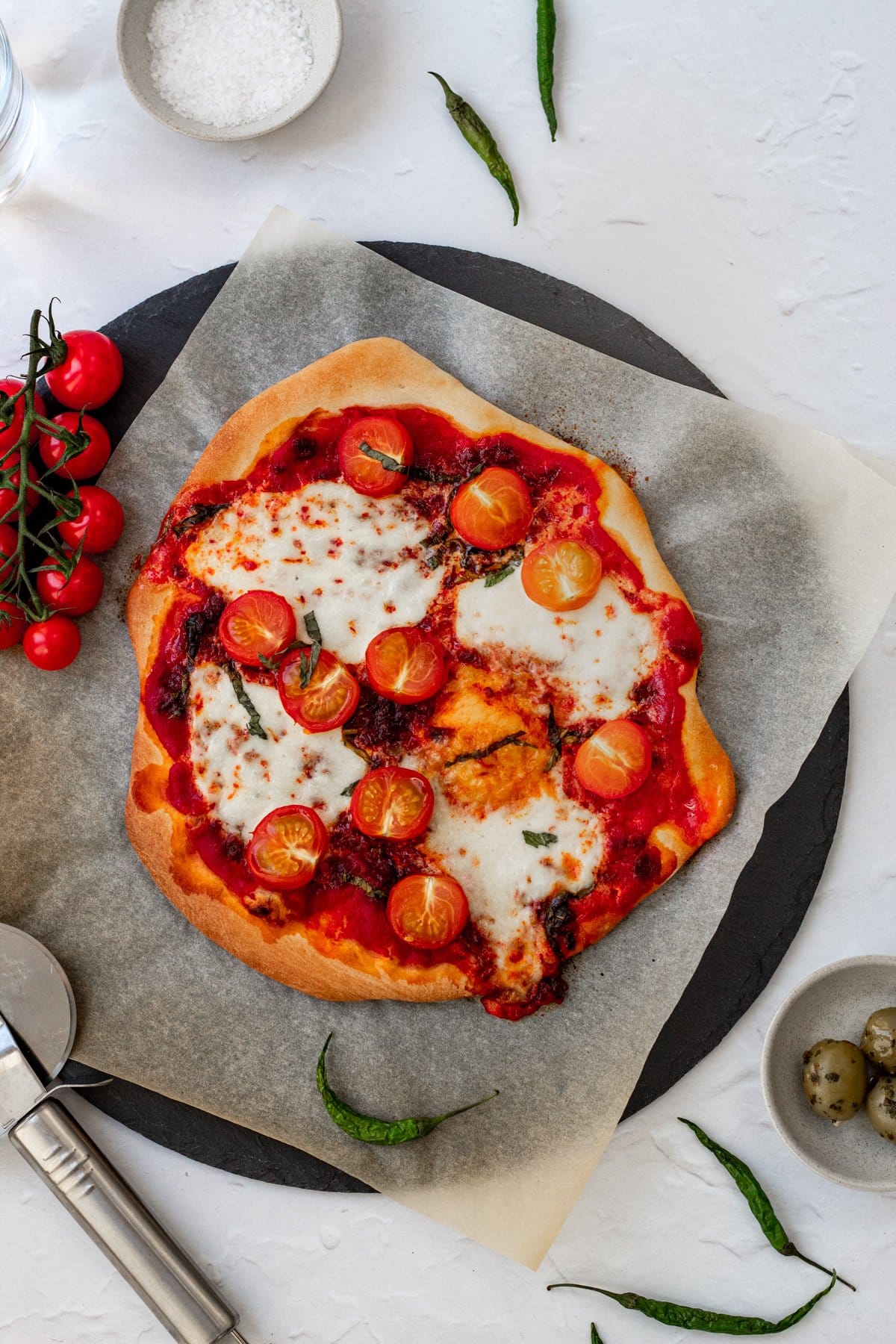 harissa margherita pizza with cherry tomatoes