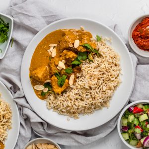 plate of chicken korma and rice