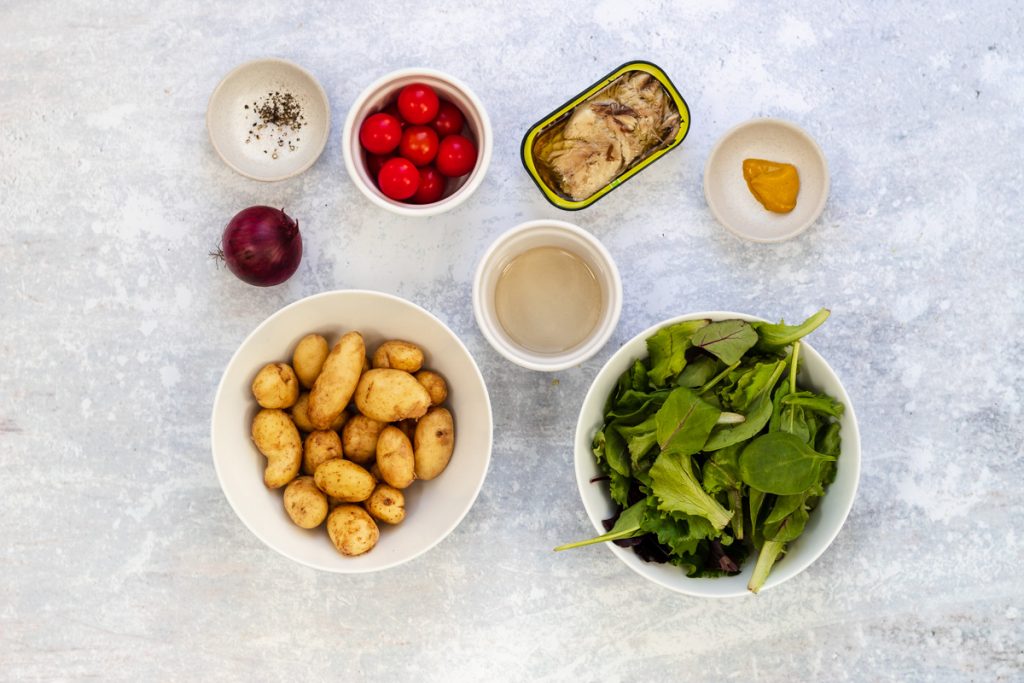 Ingredients for tinned mackerel potato salad