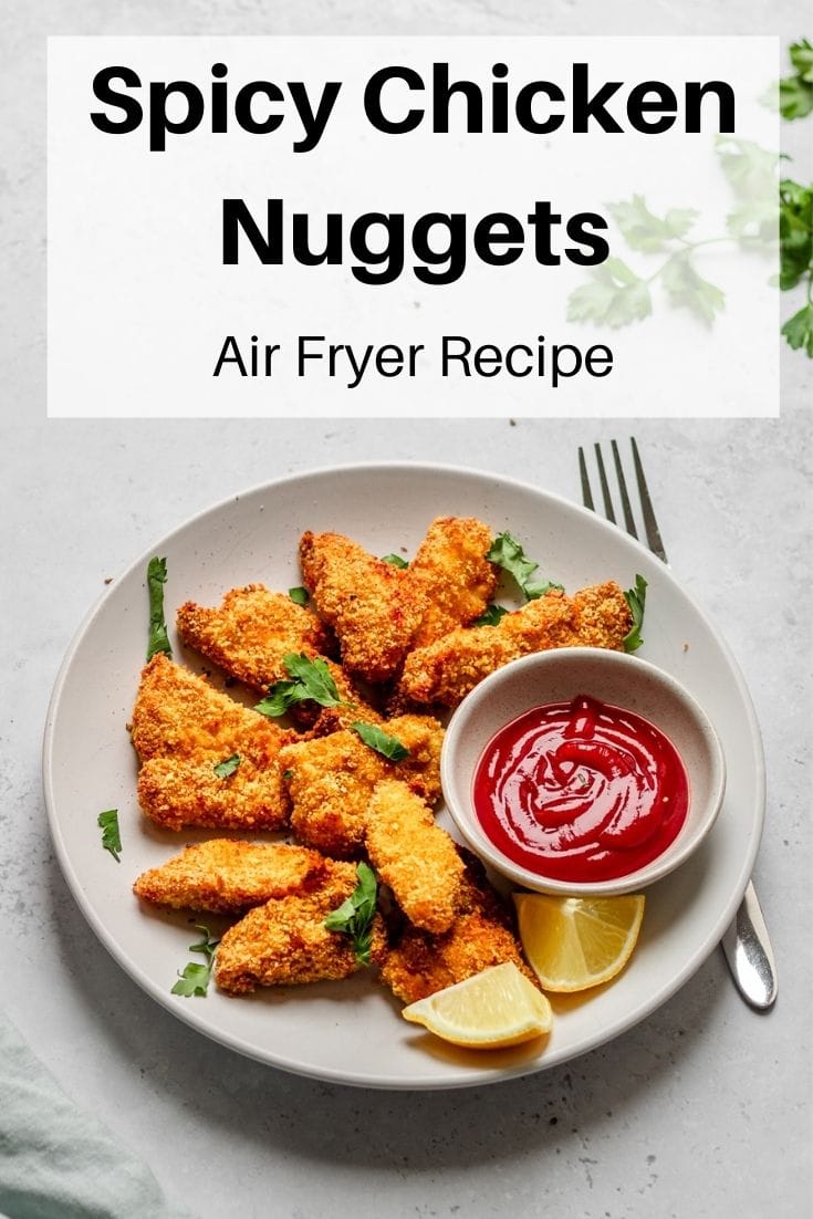 Spicy air fryer chicken nuggets pin image