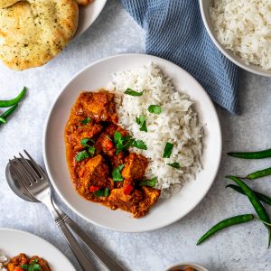 plate of chicken bhuna and rice