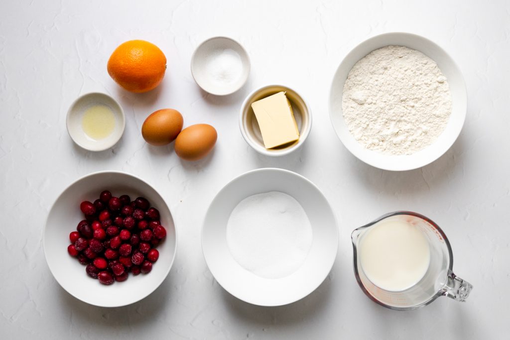 Ingredients for orange and cranberry muffins