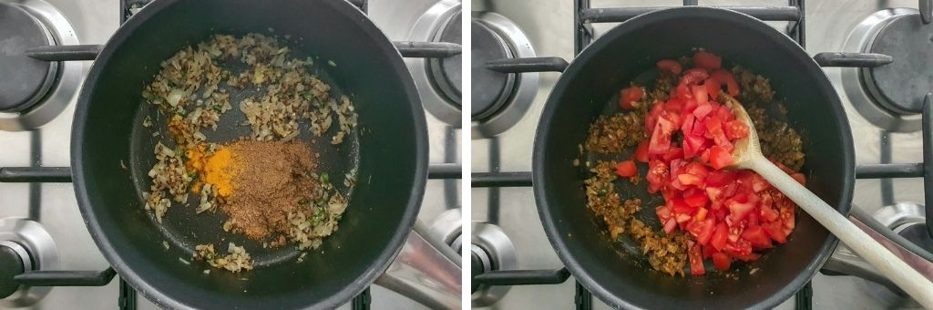 Adding spices and tomato to dry vegetable curry