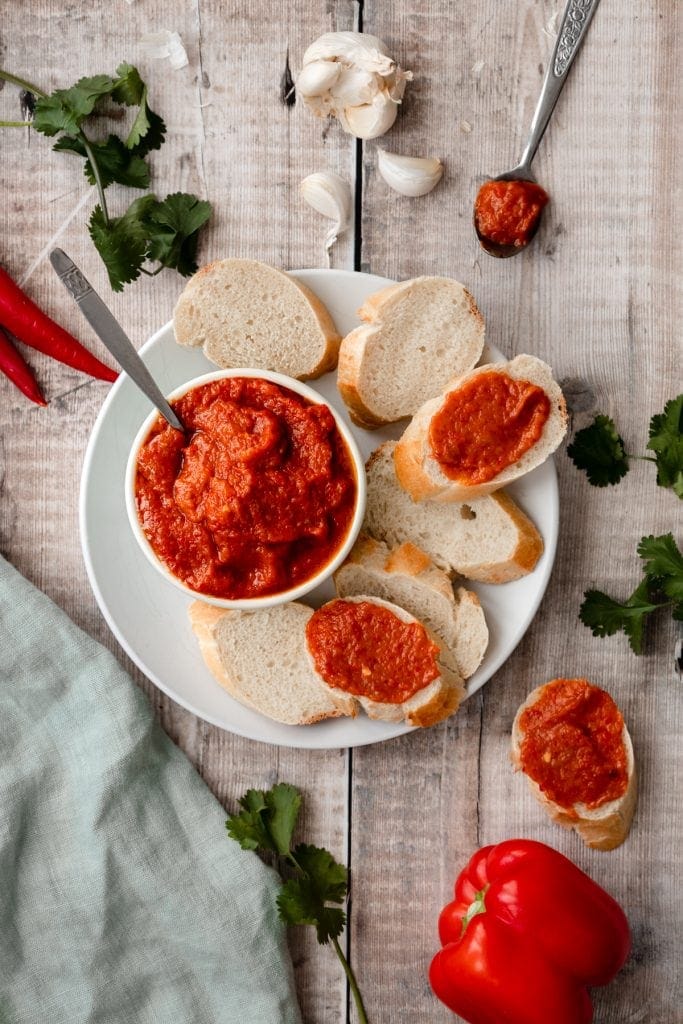 flatlay of ajvar and bread