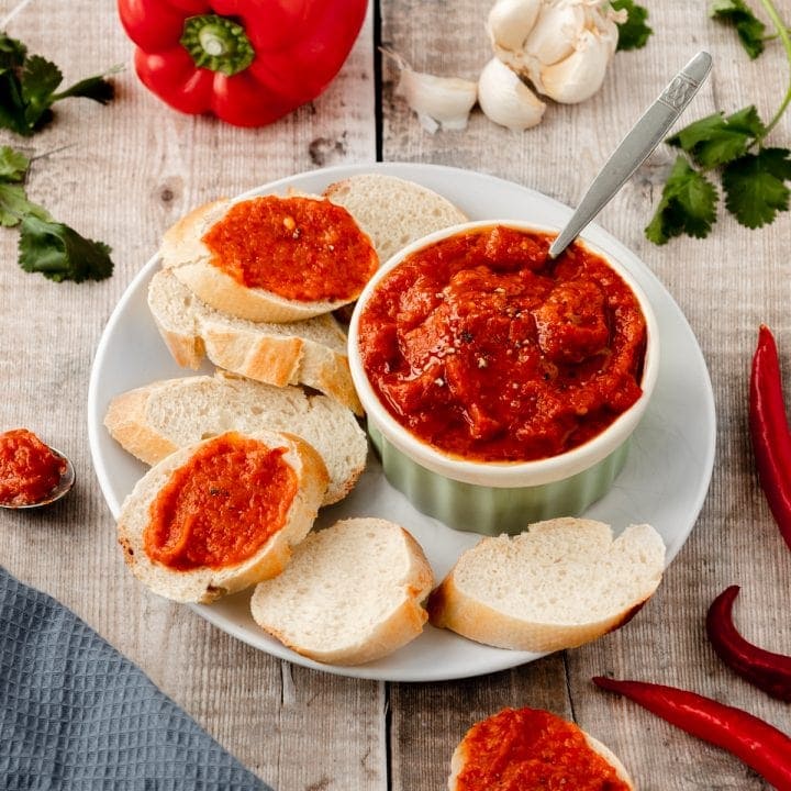 bowl of ajvar with bread