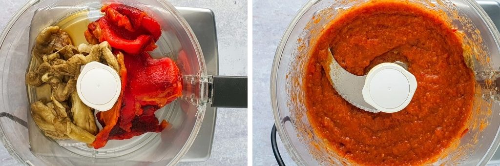 blending the red pepper aubergine dip