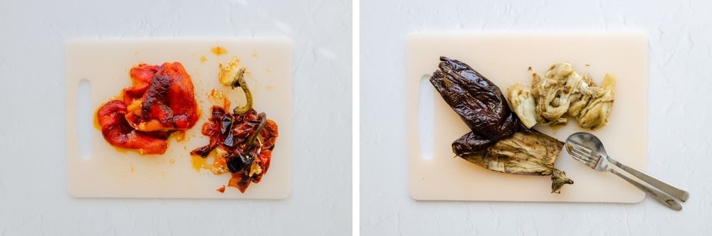 removing peppers and aubergines from their skins