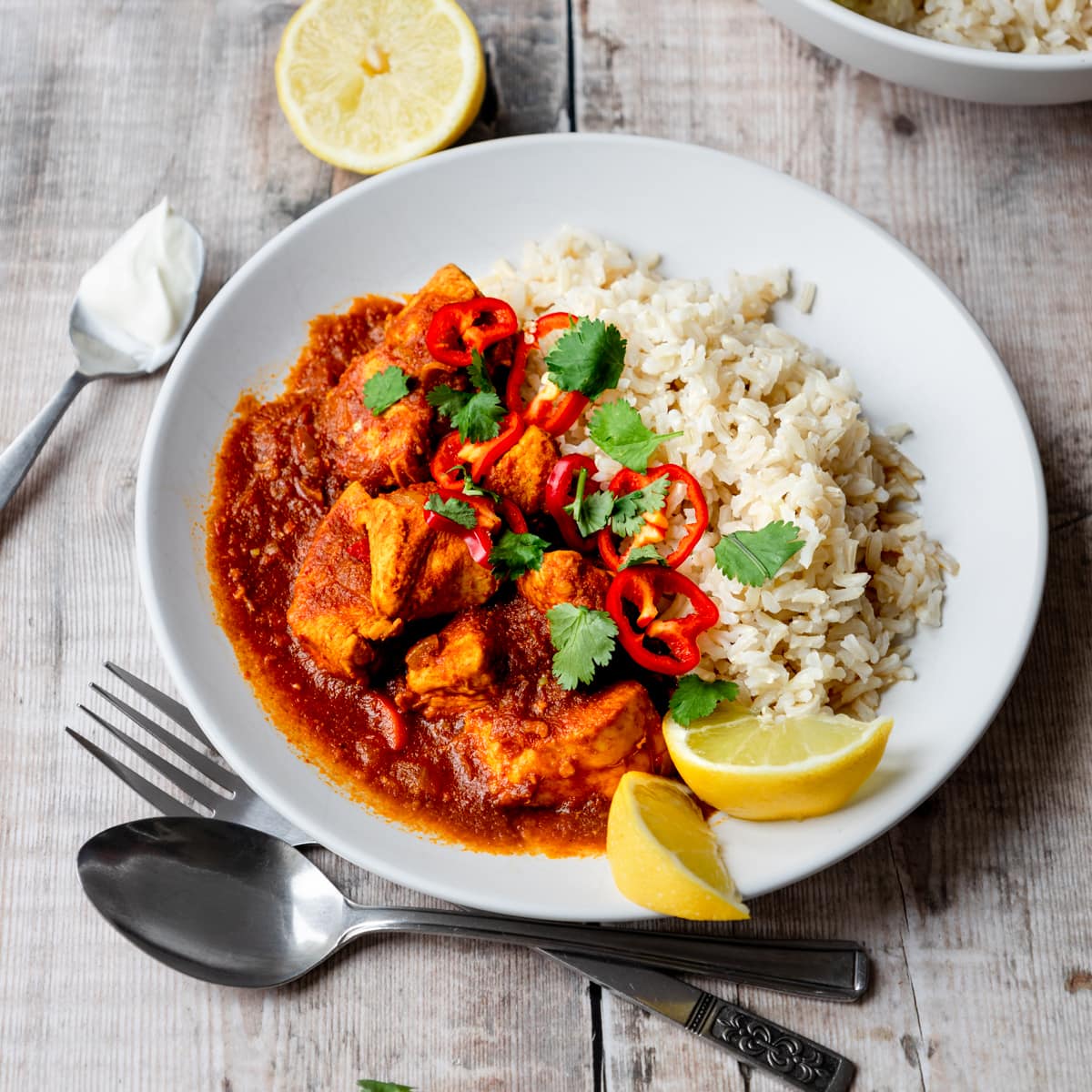 bowl of chicken patia curry and rice