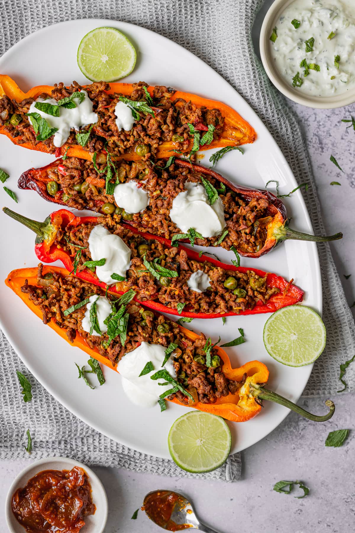 Romano peppers stuffed with Indian minced lamb