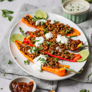 plate of romano peppers stuffed with lamb keema