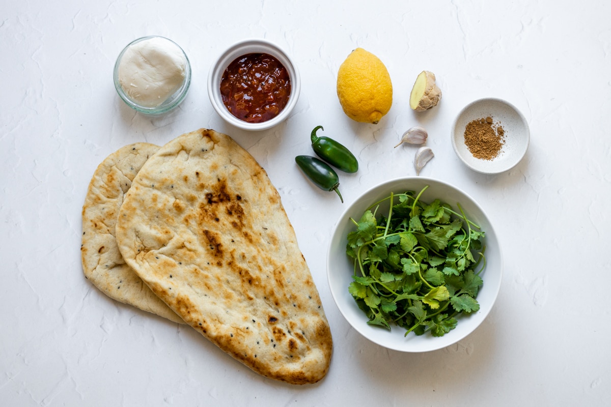 Ingredients for naan pizza and coriander chutney