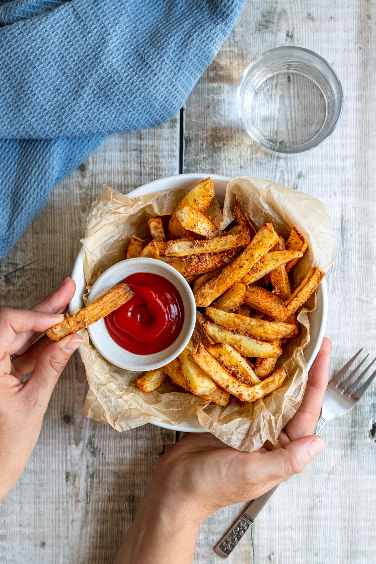 spicy air fryer fries and ketchup