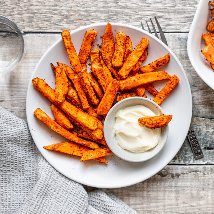 plate of sweet potato fries with mayonnaise