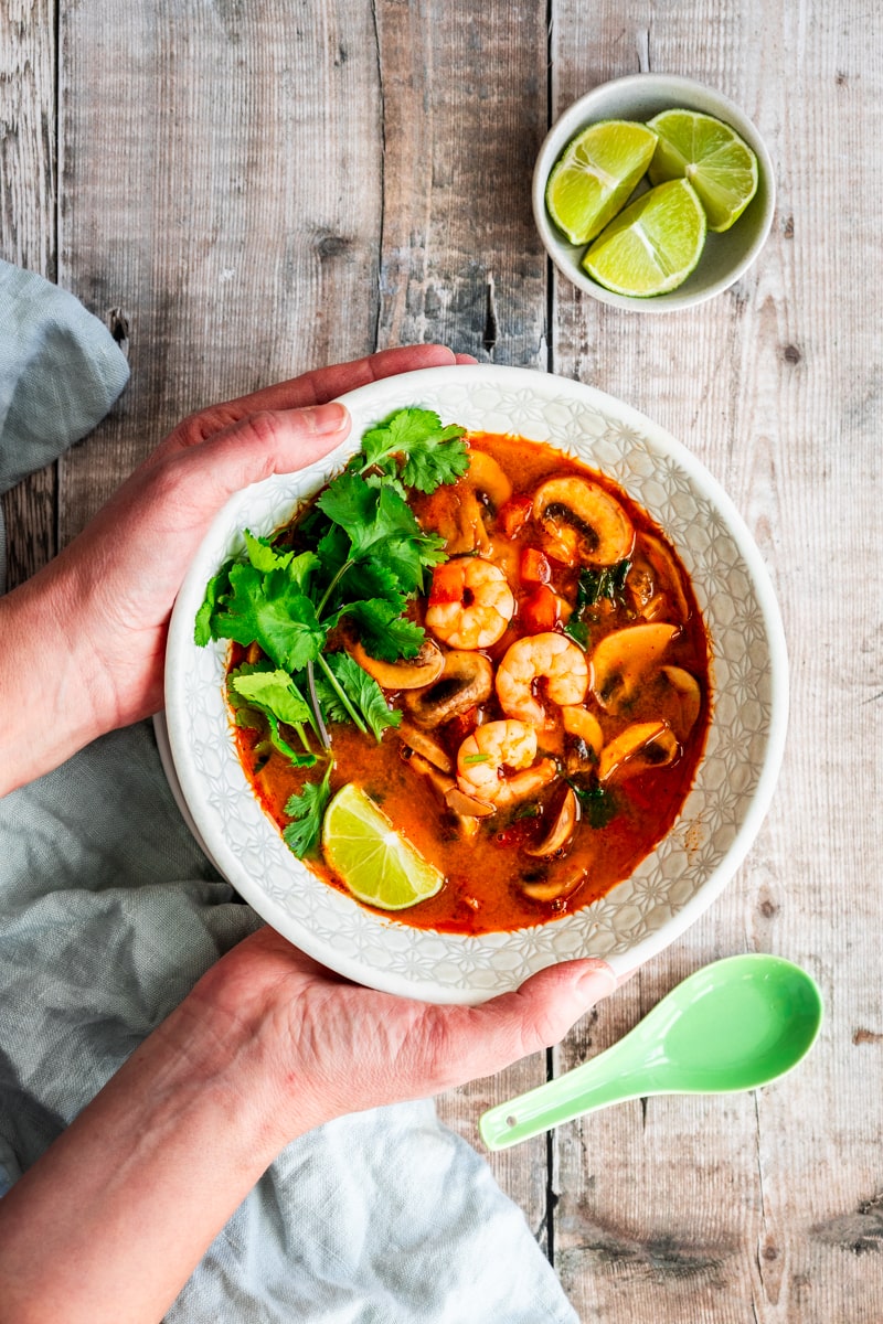 Bowl of tom yum soup with prawns