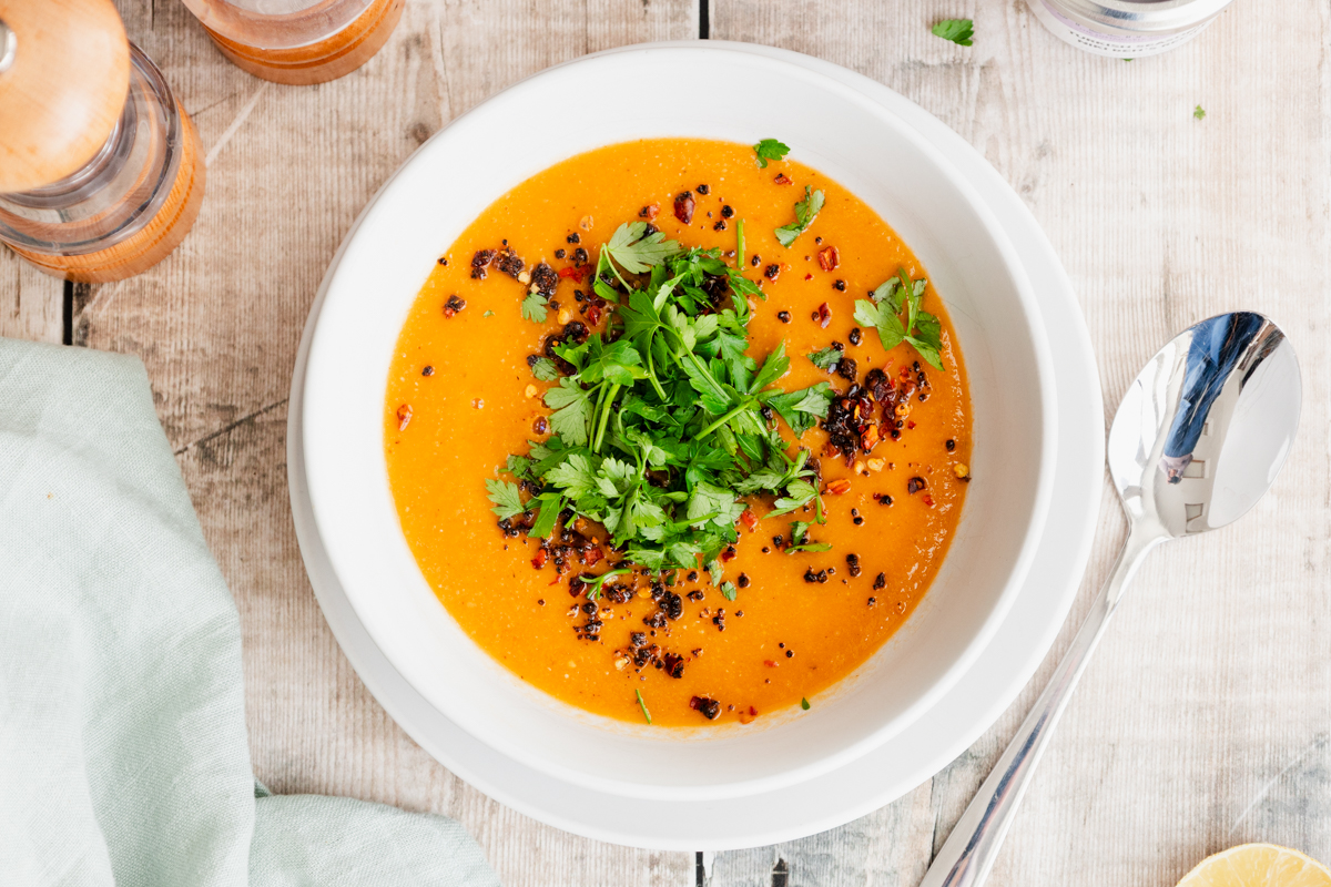 bowl of  Mercimek Corbasi (red lentil soup)
