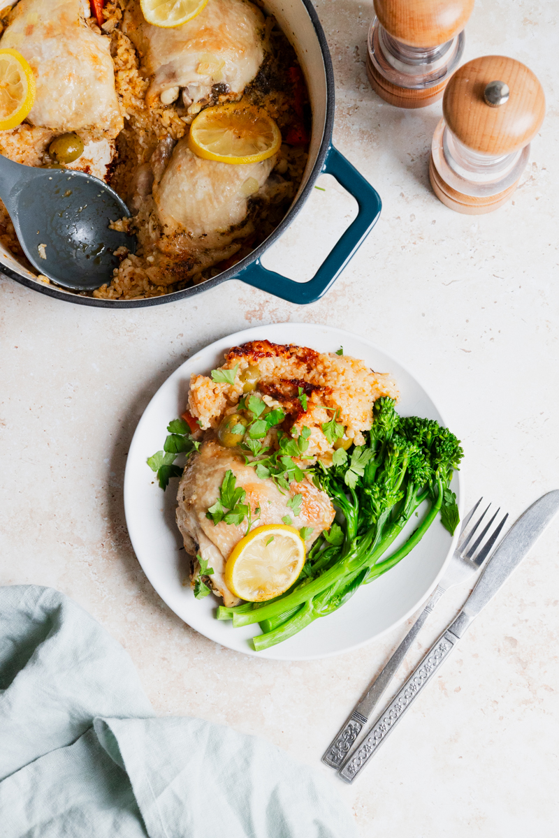 One pot chicken and rice served with broccoli