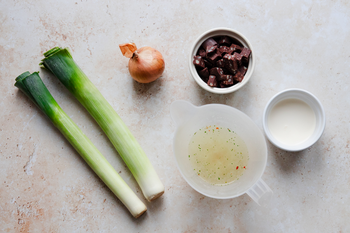 Ingredients for creamy leek and black pudding pancake filling