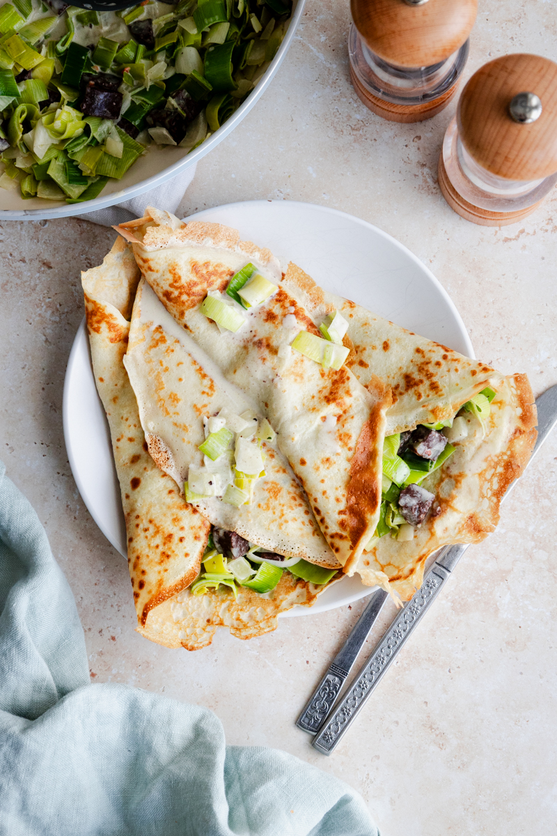 Creamy black pudding and leek filled pancakes